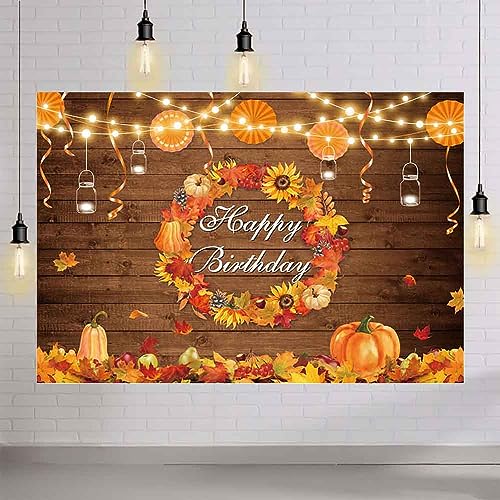 AIBIIN 10x7ft Fall Birthday Backdrop Autumn Rustic Wood Wall Photography Background Thanksgiving Pumpkin Maple Leaf Harvest Wreath Mexican Paper Fan Party Decoration Bday Cake Smash Photo Studio Props - size: 10x7ft