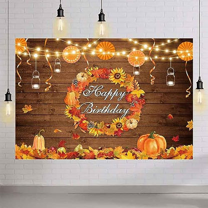 AIBIIN 10x7ft Fall Birthday Backdrop Autumn Rustic Wood Wall Photography Background Thanksgiving Pumpkin Maple Leaf Harvest Wreath Mexican Paper Fan Party Decoration Bday Cake Smash Photo Studio Props - size: 10x7ft