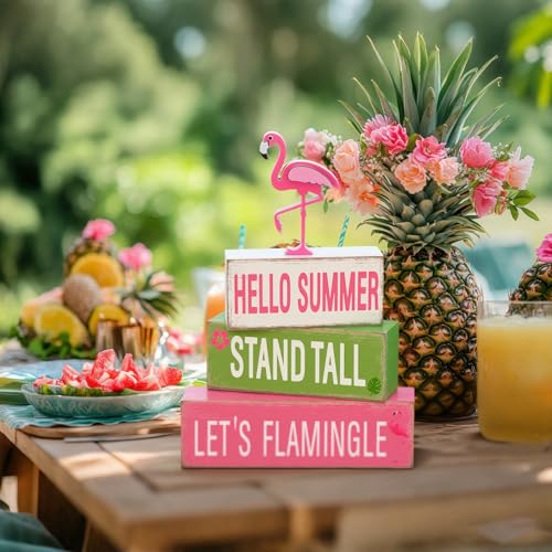 GlikCeil 4 Pcs Summer Wooden Tiered Tray Decorations Pink Flamingo Stack Blocks Table Top Sign Decor Flamingo Summer Wood Centerpieces Farmhouse Rustic Table Decor for Mantle Home Party Supplies - style: Flamingo