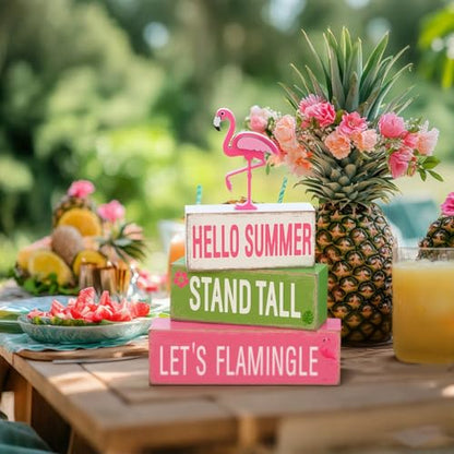 GlikCeil 4 Pcs Summer Wooden Tiered Tray Decorations Pink Flamingo Stack Blocks Table Top Sign Decor Flamingo Summer Wood Centerpieces Farmhouse Rustic Table Decor for Mantle Home Party Supplies - style: Flamingo