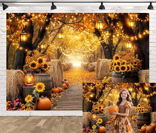 Fall Photo Backdrop, Autumn Forest Scenery Maple Leaves Pumpkins Sunflowers Photography Background, Fall Farm Harvest Thanksgiving Day Friendsgiving Party Decorations Photo Booth 6X4FT - color: Orange, size: 6X4FT