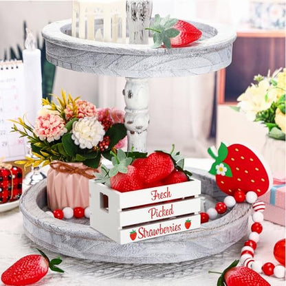 Maitys Strawberry Table Decor, Rustic Summer Tiered Tray Decor Mini Wooden Crate with 8 Fake Strawberry, Farmhouse Table Centerpiece Berry Decoration for Kitchen Mantel Shelf, Baby Shower Party Supply
