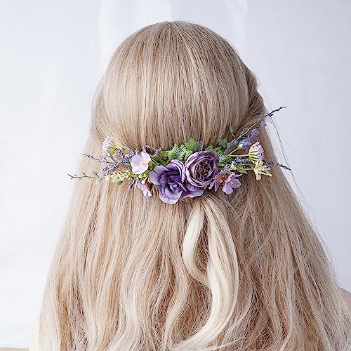 Purple Flower Hair Comb - Handmade Wedding Floral Combs Bridal Comb for Hair for Bride Bridesmaid Women Girls Prom Bridal Shower Maternity Shoot - color: Light Purple