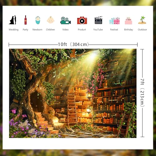 Fairy Woodland Library Backdrop Spring Enchanted Forest Bookshelf Book Tree Photography Backgrounds Magic Nature Girl Birthday Party Decorations Banner Photo Booth Props 10X7ft - size: 10X7ft