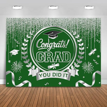 Graduation Backdrop Congrats Grad You Did It Party Decorations Background Congratulations Graduate Class of 2026 Banner Photo Booth Props (Green and Silver, 7x5ft) - color: Green and Silver