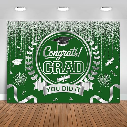 Graduation Backdrop Congrats Grad You Did It Party Decorations Background Congratulations Graduate Class of 2026 Banner Photo Booth Props (Green and Silver, 7x5ft) - color: Green and Silver