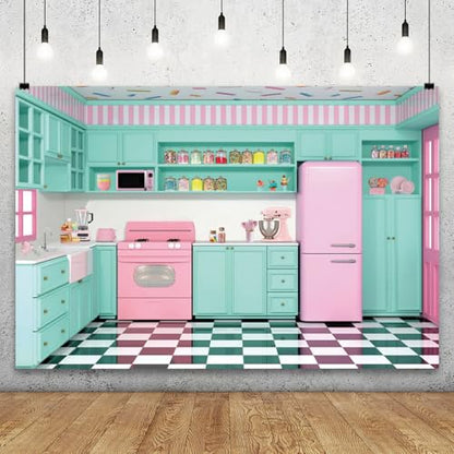 YongFoto Pink Green Retro Kitchen Backdrop 15x10ft Cooking Baking House Photography Background Cake Smash Sweet Baby Girl Birthday Party Banner Kids Portraits Photoshoot Wallpaper Booth Props - size: 15ftx10ft