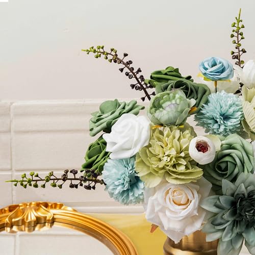 30 Pcs Artificial Flowers Combo Green Flowers Mix Silk Flowers Dahlia Roses with Stems for DIY Wedding Bridal Bouquets, Baby Shower, Floral Arrangement, Table Centerpieces, Home Decorations. - color: White/Greem1