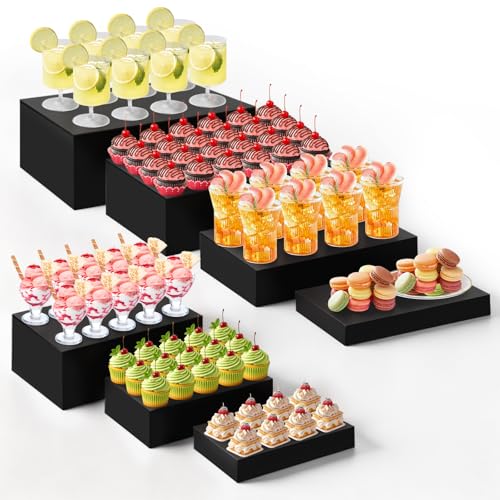 Leinuosen 7 Pcs Large Buffet Risers Set 6" to 12" Acrylic Display Box Catering Dessert Table Riser Food Display Decorative Stand with Hollow Bottom for Catering Supplies(Black, Rectangle) - color: Black, size: 6" to 12", style: Rectangle