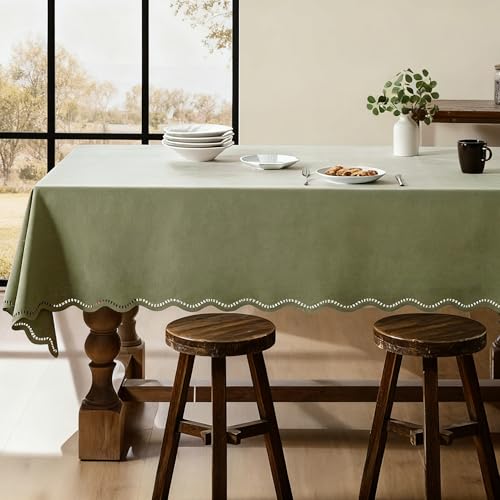 Olive Green Rectangle Tablecloth Linen Textured Waterproof & Stain Resistant Outdoor Table Cloth Spring Decorative Scalloped Cutouts Farmhouse Table Cover for Dining, Parties and Camping, 52 x 70 Inch - color: Olive Green, size: 70" x 52" (Rectangular)