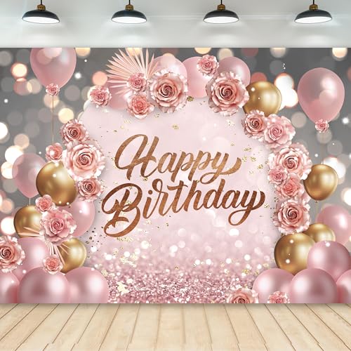 Newsely Rose Gold Happy Birthday Backdrop 7Wx5H Photography for Girls Women Pink Floral Flower Balloons Arch Modern Elegant Background Aesthetic Party Decorations Banner Photo Booth Props Supplies - color: C-Pink, size: 7Wx5H