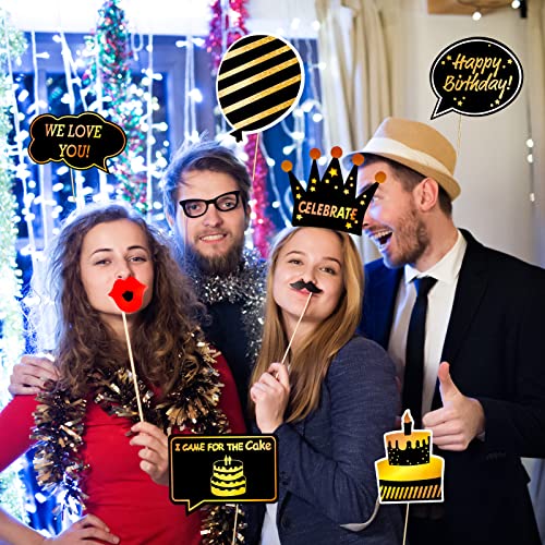 Qpout Black and Gold Photo Booth Props (35 Count) for Kids Adults Birthday Party - Funny Chic Selfie Props With Bamboo Sticks & Stickers
