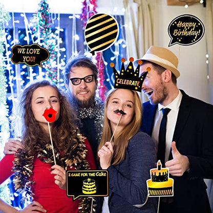 Qpout Black and Gold Photo Booth Props (35 Count) for Kids Adults Birthday Party - Funny Chic Selfie Props With Bamboo Sticks & Stickers