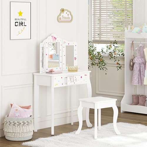 UTEX Kids Vanity Table and Chair Vanity Set with Mirror Makeup Dressing Table with Drawer, Play Vanity Set,White - style: White-Unicorn