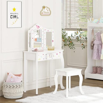 UTEX Kids Vanity Table and Chair Vanity Set with Mirror Makeup Dressing Table with Drawer, Play Vanity Set,White - style: White-Unicorn