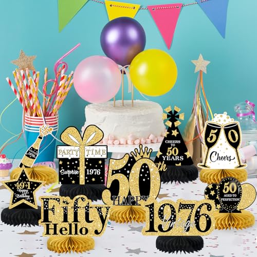 9 Pcs 50th Birthday Decorations Honeycomb Centerpieces for Women Men, Black Gold 1976 Aged to Perfection Vintage Centerpieces for Tables Toppers,Fifty Years Party Decorations Supplies - color: Black Gold 50th