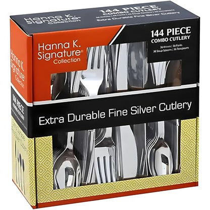 Plastic Cutlery Silverware Heavyweight Disposable Flatware, Plastic Cutlery Like Silver Combo Pack 144 pieces - 36 of each Fork, Knife, Teaspoon, Soup spoon