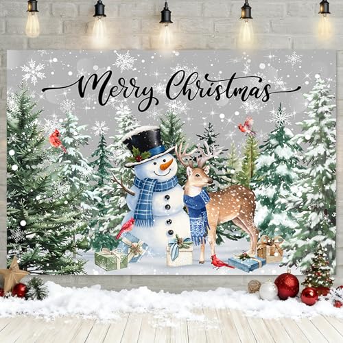 MEHOFOND 7x5ft Christmas Backdrop Winter Snowman Merry Christmas Photography Background Xmas Tree Snowflake Decorations Banner for Winter New Year Xmas Eve Family Party Decor Photo Booth Props - size: 7x5ft