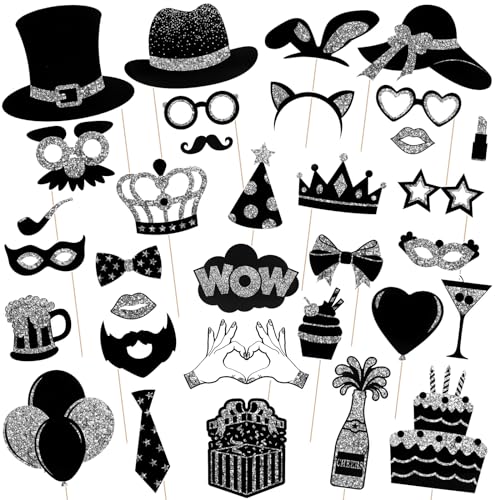 36PCS Silver and Black Photo Booth Prop, Photo Props for New Years Eve Party Supplies 2026 Birthday Party Photobooth New Year Graduation Anniversary Mother's Day Father's Day - color: Rose Gold and Black