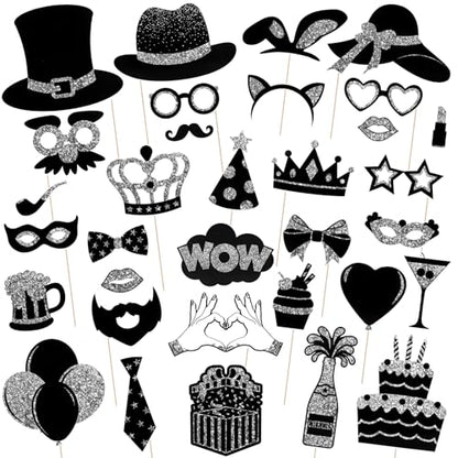 36PCS Silver and Black Photo Booth Prop, Photo Props for New Years Eve Party Supplies 2026 Birthday Party Photobooth New Year Graduation Anniversary Mother's Day Father's Day - color: Rose Gold and Black