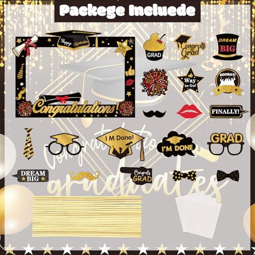 2026 Graduation Photo Booth Props, Black Gold Graduation Photo Prop Frame & Grad Photo Booth Props, Funny Grad Party Selfie Props, Selfie Photo Frame for High School and College Grad