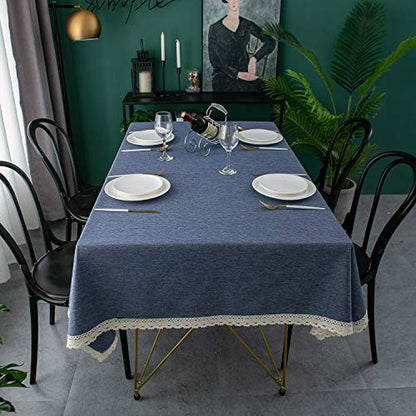 EHouseHome Faux Linen Tablecloth with Lace Trim - Waterproof/Spill Proof/Stain Resistant/Wrinkle Free/Oil Proof - for Banquet, Parties,Dinner,Kitchen,Wedding,Holiday,Denim Blue Rectangle 60x84Inch - color: Denim Blue, size: 84" x 60" (Rectangular)