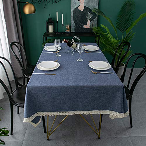 EHouseHome Faux Linen Tablecloth with Lace Trim - Waterproof/Spill Proof/Stain Resistant/Wrinkle Free/Oil Proof - for Banquet, Parties, Dinner,Wedding,Holiday,Denim Blue Rectangle 60x102Inch - color: Denim Blue, size: 102" x 60" (Rectangular)