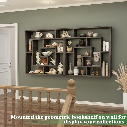Armocity 6 Tier Display Book Shelf Wall Mounted Bookshelf Freestanding Geometric Bookcase Floating Book Shelves for Wall Bedroom Living Room Home Office, 45.5"(W) * 47"(H), Grey Oak - color: Grey Oak