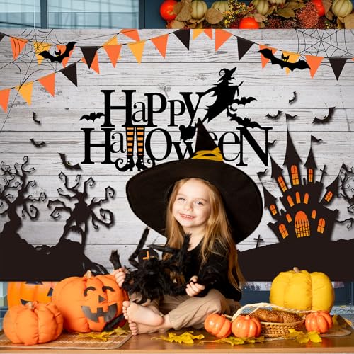 Mocsicka Happy Halloween Backdrop Spider Web Witch and Flying Bats Photography Background Wooden Floor Halloween Party Cake Table Decoration Banner Photo Booth Props (8x6ft) - size: 8x6ft