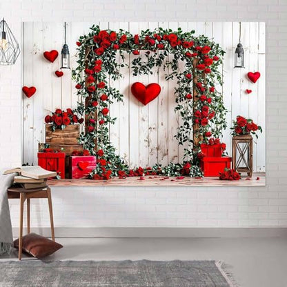 5 x 3 ft Valentine's Day Backdrop Rustic Barn White Wall Red Rose Love Heart Balloon Background Wedding Bridal Party Valentine's Day Engagement Backdrops Portrait Photo Booth Props - color: Red4, size: 5x3ft