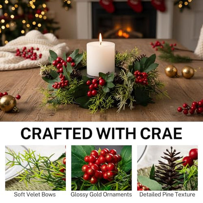 MOYEE Candle Holder Centerpieces for Tables,Candle Ring,Wreaths, Black Metal Candle Stick Paired Artificial Flowers 14 in Versatile Dining Table Centrepiece - color: Pinecone and Green Leaf Wreath