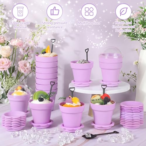 Honeydak 25 Pack Flowerpot Dessert Cup Plastic Cake Cups with Lid Shovel Spoon Mini Flower Pot Dessert Cups Ice Cream Yogurt Cupcake Holder Containers for Birthday Party Supplies DIY Baking (Purple) - color: Purple