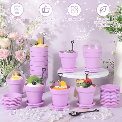 Honeydak 25 Pack Flowerpot Dessert Cup Plastic Cake Cups with Lid Shovel Spoon Mini Flower Pot Dessert Cups Ice Cream Yogurt Cupcake Holder Containers for Birthday Party Supplies DIY Baking (Purple) - color: Purple