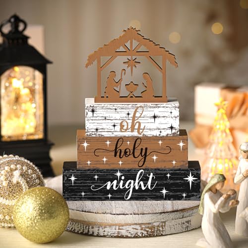 Geelin 4 Pieces Christmas Nativity Scene Table Decorations Xmas Wooden Silent Night Block Signs Holy Night Tabletop Centerpieces Farmhouse Tiered Tray Decor for Home Table Kitchen Shelf - style: Jesus