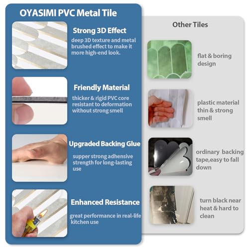 OYAISIMI 10 Sheets Seamless Peel and Stick Backsplash Tile for Kitchen,White and Gray Stone PVC Mixed Light Gold Self Adhesive Fish Scale Metal Mosaic Tiles - color: Gray Stone+Pure White+Light Gold