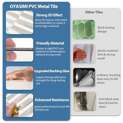 OYAISIMI 10 Sheets Seamless Peel and Stick Backsplash Tile for Kitchen,White and Gray Stone PVC Mixed Light Gold Self Adhesive Fish Scale Metal Mosaic Tiles - color: Gray Stone+Pure White+Light Gold