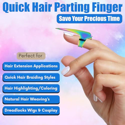 Hair Parting & Sectioning Ring - Stainless Steel Finger Braiding Hair Pick Tools Quick Installation of Human Hair Extensions Hair Styling Tools (Multi) - color: Multi Rainbow