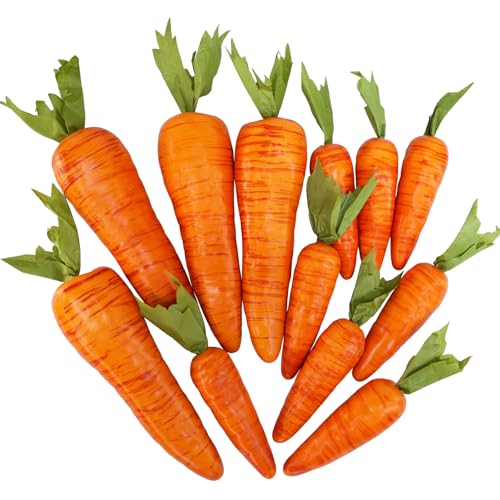 Winlyn 12 Pcs Easter Artificial Carrots Decorative Orange Foam Carrots Lifelike Simulation Artificial Vegetables for Home Kitchen Decor Spring Easter Basket Bunny Wreath DIY Crafts Photo Props - size: Assorted Size