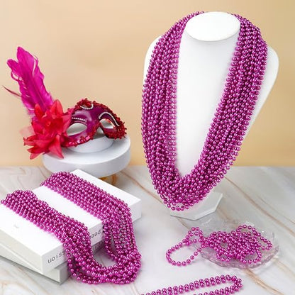 YAXINRUI 24 PCS Hot Pink Bead Necklaces, Pink Mardi Gras Beads, Cancer Awareness Beads Necklaces, Valentine Necklace, 33 Inch Round Party for Mardi Gras Christmas Cancer Awareness Month Events - color: Hot Pink, size: 24 Pcs