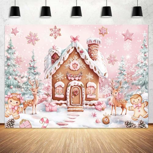 7X5ft Christmas Gingerbread Candyland Backdrop for Photography Winter Pink Christmas Scene Merry Xmas Background Holiday Baby Shower Birthday Cake Table Decoration Supplies Photo Studio Booth Props - color: Pink, size: 7X5FT