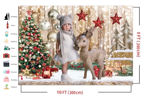 10x8Ft Christmas Backdrops for Photography Winter Snow Backdrop Rustic Wood Floor Backdrop Xmas Tree Gift Christmas Family Party Background - size: 10x8ft