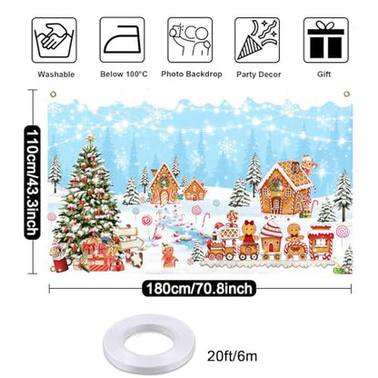 Mocsicka Gingerbread House Christmas Backdrop Blue Winter Merry Christmas Decorations Banner Sweet Gingerbread Candyland Photo Background Holiday Photo Booth Props - color: Blue