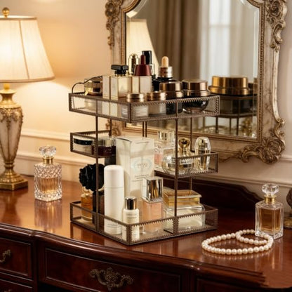 360 Rotating Glass Makeup Organizer, Spinning Vanity Cosmetic Storage with Multi-Layer Compartments, Luxury Countertop Rotating Makeup Holder for Skincare, Perfume, Cosmetics - color: Brass
