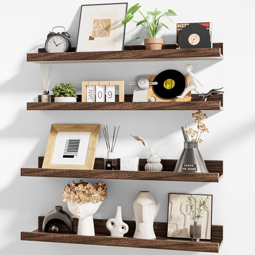Heimlove Picture Ledge Shelf,24 inch Long Floating Shelves for Wall Set of 4,Picture Shelf with Lip for Wall Decor,Living Room,Bedroom,Bookshelf,Nursery,Perfume,Walnut Color - color: Walnut, size: 24'', Set of 4