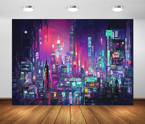 20x10ft Fabric Punk City Night Backdrop Futuristic City Neon Building City Night Skyline Photography Background for Gamer Adults Boys Party Decorations Photo Props - size: 20x10FT