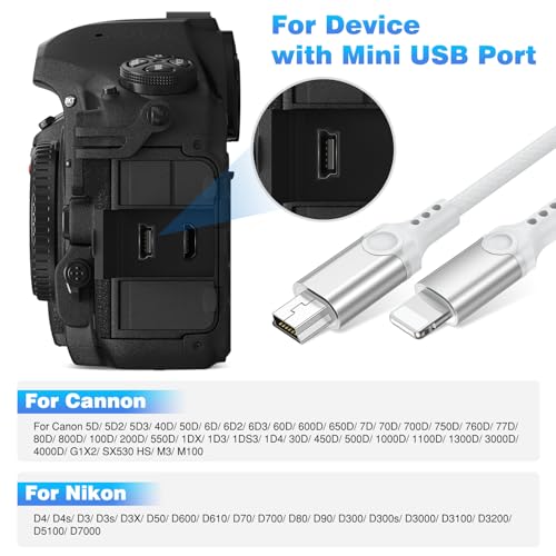 for Lightning to Mini USB Camera Adapter Cable MFi-Certified for iPhone 14 13 12 11 XR 7 Plus Import Photos Video Mini-B USB DSLR Camera OTG Cable for Canon 100D/Nikon D610, Nylon Braided Cord 3.3ft