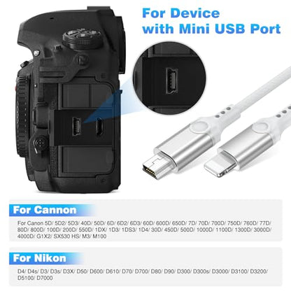 for Lightning to Mini USB Camera Adapter Cable MFi-Certified for iPhone 14 13 12 11 XR 7 Plus Import Photos Video Mini-B USB DSLR Camera OTG Cable for Canon 100D/Nikon D610, Nylon Braided Cord 3.3ft