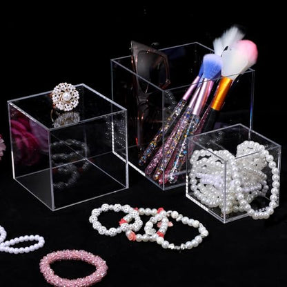 3 Pcs Acrylic Boxes for Display, 3" 4" 5" Small Square Clear Acrylic Cube with Hollow Bottoms, Nesting Riser Display Stand Shelf Food Risers for Buffet Table Dessert Collectibles Jewelry Figures Show