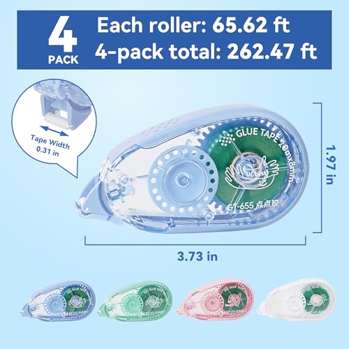 65.62 ft Extra-Long Glue Tape, 0.31 in Visible Scrapbook Tape, 4-Pack, Photo-Safe Acid-Free Drop-Proof Double Sided Tape for Crafts, Scrapbook Supplies, Junk Journal Supplies (Multicolor)