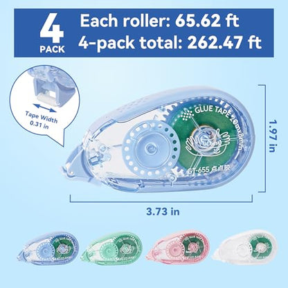 65.62 ft Extra-Long Glue Tape, 0.31 in Visible Scrapbook Tape, 4-Pack, Photo-Safe Acid-Free Drop-Proof Double Sided Tape for Crafts, Scrapbook Supplies, Junk Journal Supplies (Multicolor)